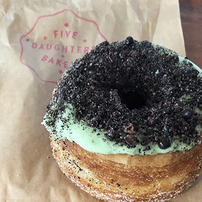 A grasshopper 100-layer donut from Five Daughters Bakery