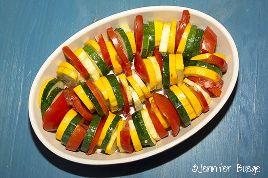 A side dish casserole of colorful vegetables